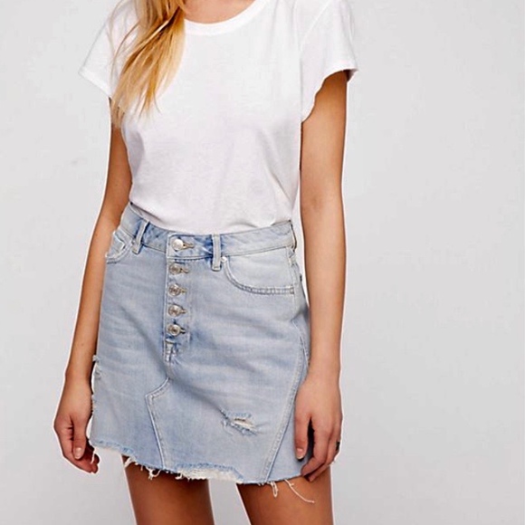 Free People Dresses & Skirts - Free People Ripped/Raw Hem Blue Denim Skirt, NWT